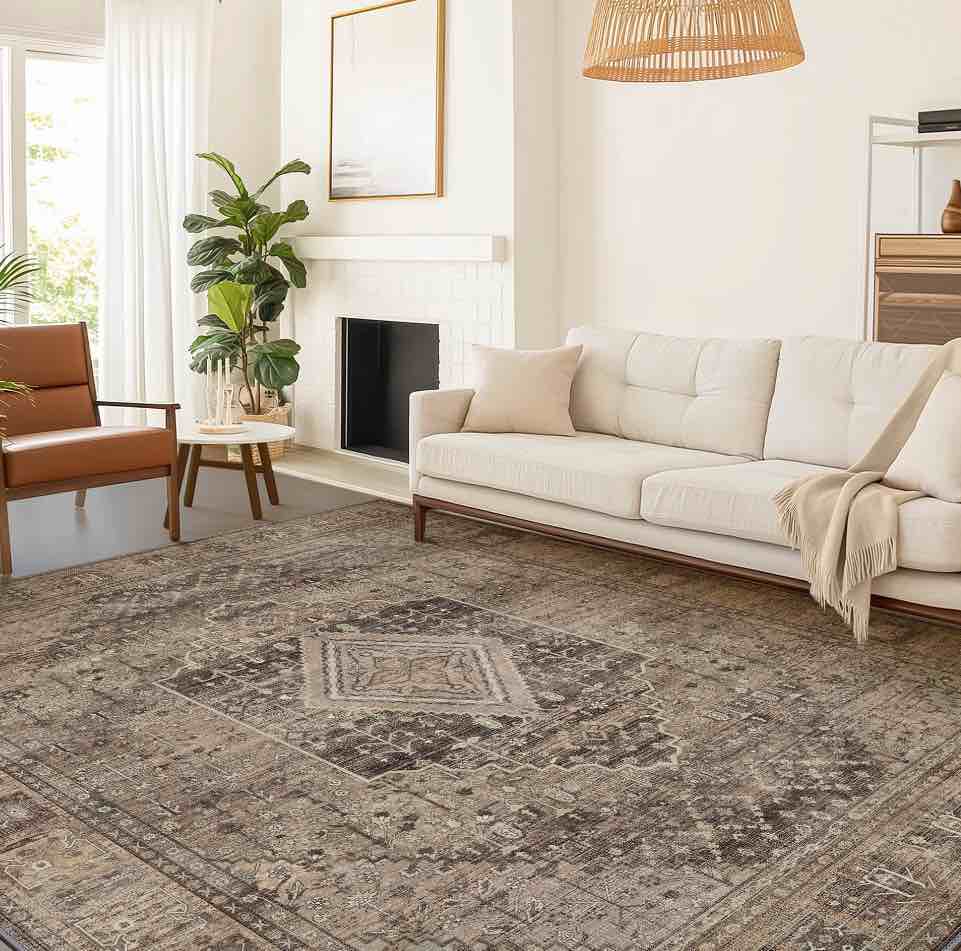 DEORAB 8X10 Area Rugs for Living Room, Non Slip Indoor Vogue Area Rugs, Low Pile Lightweight Vintage Large Print Mat for Bedroom Dining Room Home Office and Hall, Ultra-Thin, TAN