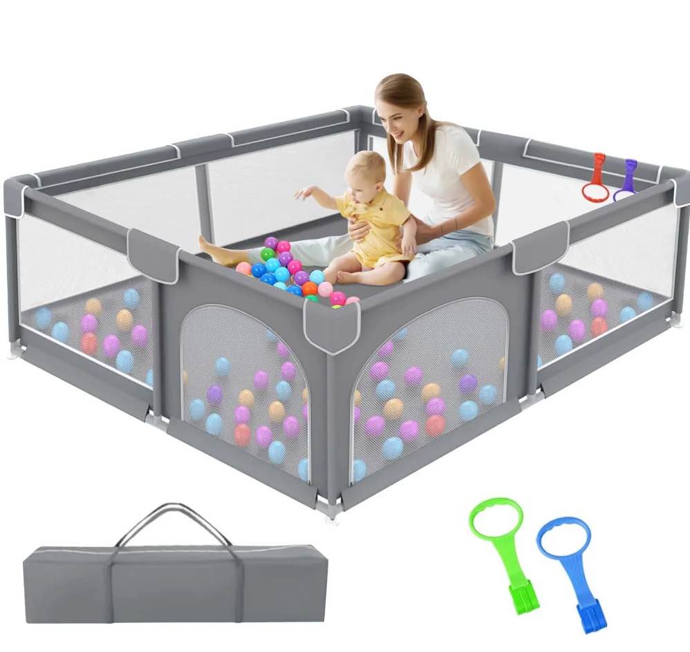 ucradle baby playpen, 50x50x27" large activity center with gate, anti-slip base, gray