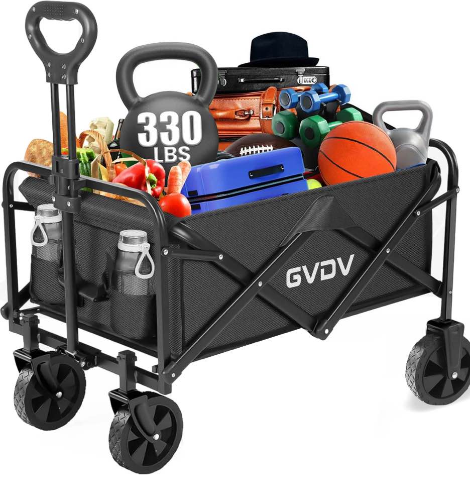 GVDV Collapsible Wagon Cart, Portable Utility Wagon for Camping, Beach, Picnic, Shopping, Sports, and Grocery Transport, Black