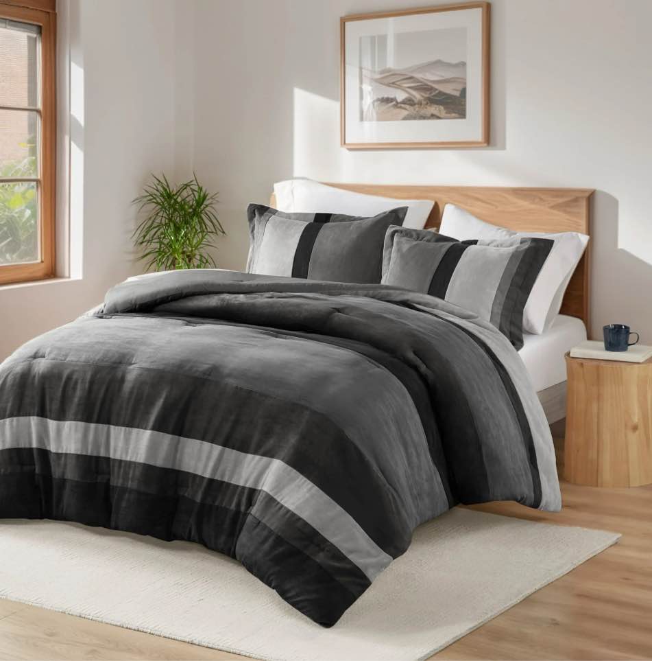 Regency Heights King/Cal King Comforter Set Black, 3 Pieces Faux Suede Comforters King/Cal King Size, Pieced Bedding Comforters Sets, Cozy Comforter Bed Set, Machine Washable