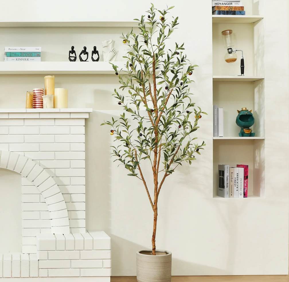 6 ft Artificial Olive Plants with Realistic Leaves and Natural Trunk, Silk Fake Olive Tree in Black Plastic Pot, Faux Olive Tree for Office Home