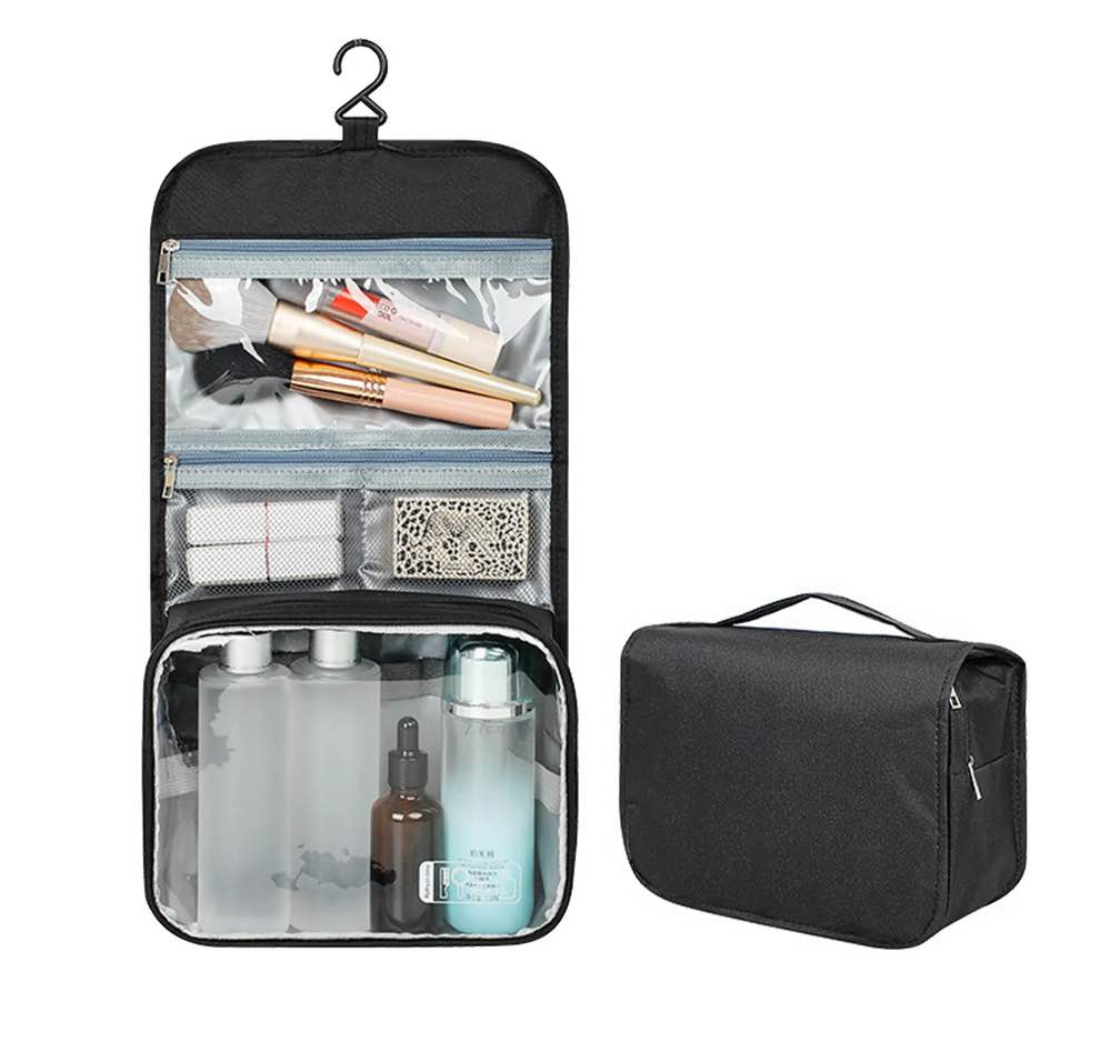 Hanging Travel Toiletry Bag for Women – Portable Makeup & Cosmetic Organizer with Hook, Waterproof Compartments – Black or Pink