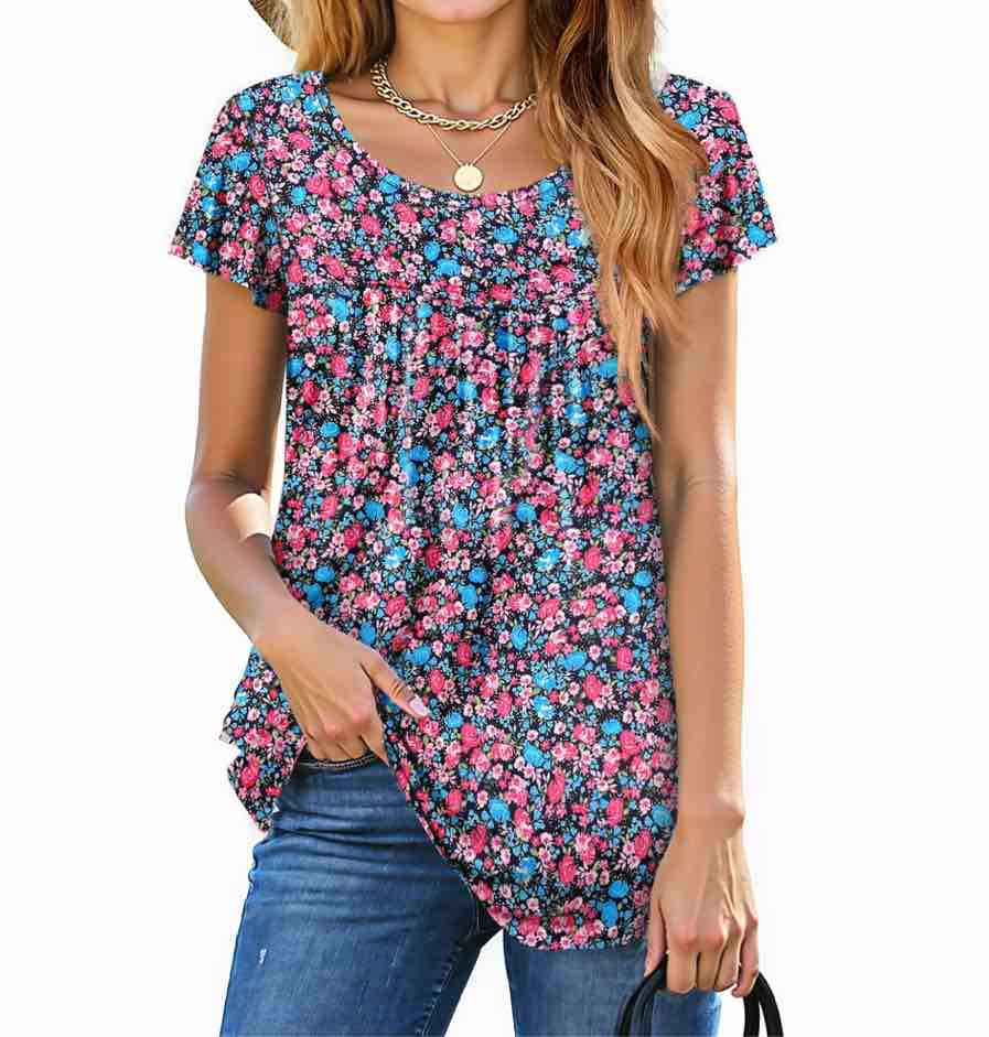 Fantaslook Womens Blouses Dressy Casual Pleated Tunic Tops Floral Ruffle Sleeve Summer Shirts, large 