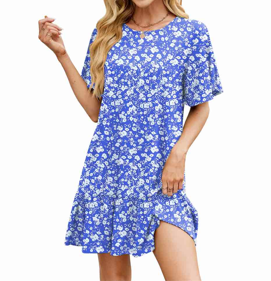 SHIBEVER Boho Dresses for Women Summer Short Sleeve Shirt Dress Casual Crew Neck Ruffle Hem Loose Mini Dresses, XXL
