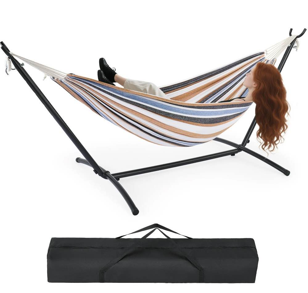 edx double hammock with space saving steel stand, 2 person heavy duty outdoor 450lb capacity standing hammocks, upgraded polyester end strings, portable carrying bag included, coffee stripes
