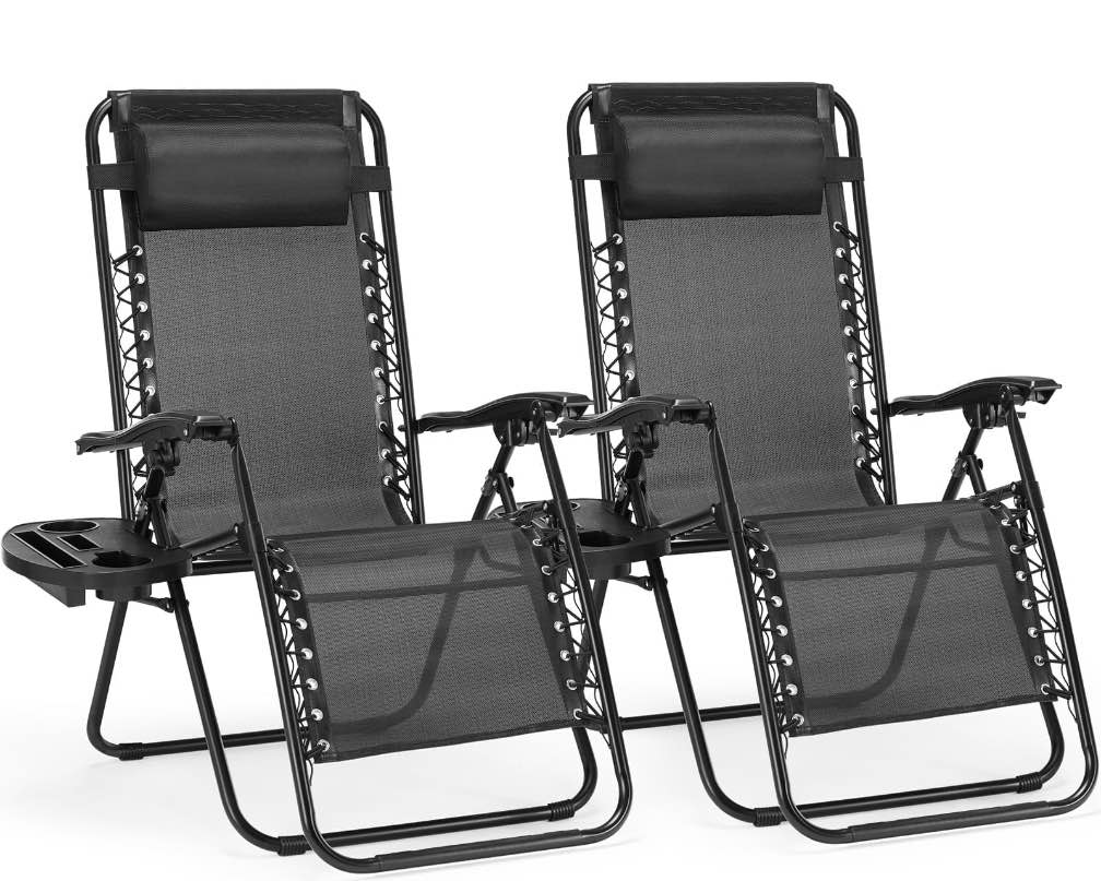 concetta 2 zero gravity lounge chairs, foldable reclining camping for patio, lawn, beach, black