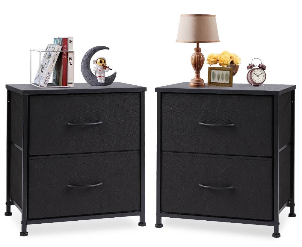 edx Nightstand Set of 2, End Table Side Table with 2 Fabric Drawers Bedside Table for Bedroom, Closet, Dorm Black