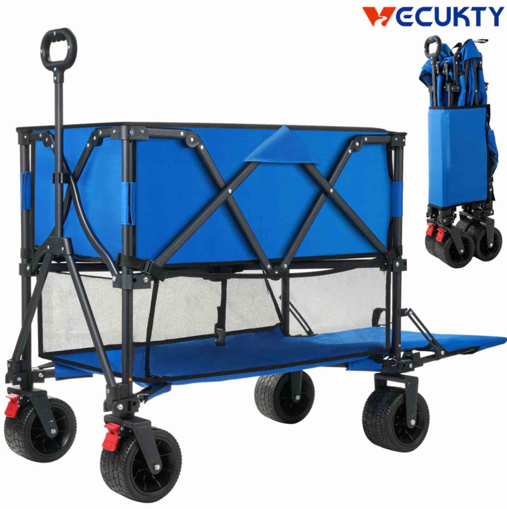 Folding Double Decker Garden Wagon, VECUKTY Heavy Duty Collapsible Camping Wagon Cart with 54" Lower Decker, All-Terrain Big Wheels for Camping, Sports, Shopping, Garden and Beach, Support Up to 550lbs