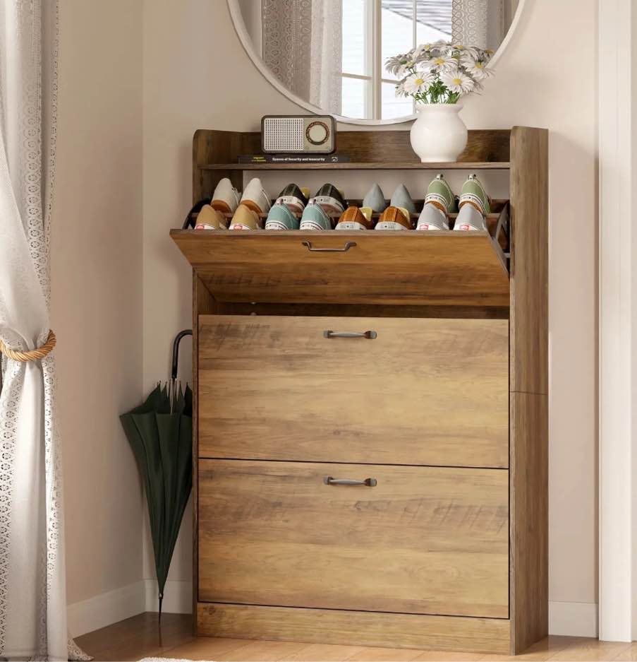 HOMMPA Shoe Storage Cabinet with 3 Flip Drawers, Farmhouse Wood Shoe Cabinet,7-Tier Customizable Storage Freestanding Narrow Shoe Rack Organizer with Metal Legs for Entryway, Hallway,Brown