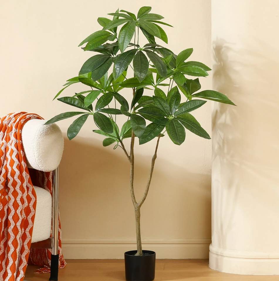 4ft Artificial Plants Pachira Aquatica Money Tree, Fake Plastic Money Plant, Pre Potted Faux Greenry Plant for Home Decor Office House Living Room Indoor Outdoor