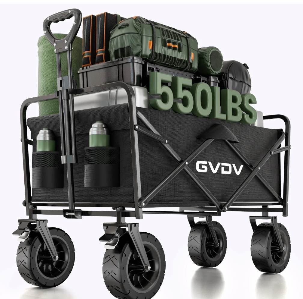 GVDV Collapsible Folding Wagon, 550LBS Large Heavy Duty Utility Cart with All-Terrain Wheels and Adjustable Handles for Shopping, Camping, Sports, Outdoor, Beach, Black
