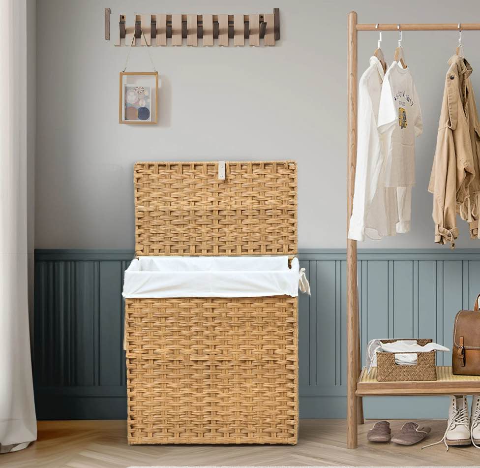 edx Laundry Basket with Lid, 110 L Hand-Woven Pp Rattan Laundry Basket with Compartments & Handles, Foldable, Removable Liner, Natural