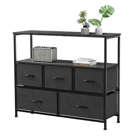 edx dresser tv stand, entertainment center with fabric drawers, media console table with open shelves for tv up to 45 inch for bedroom, living room, entryway, black