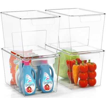Stackable Clear Storage Bins with Lids, Large Plastic Storage Bins w Handle, Acrylic Pantry Organization and Storage for Kitchen, Fridge, Cabinet, Refrigerator, Bathroom Organizer