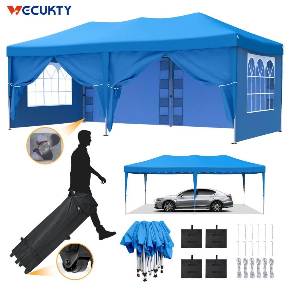 Vecukty 10 x 20 ft Blue Pop up Outdoor Canopies, Removable Sidewalls
