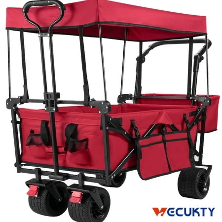 VECUKTY Collapsible Garden Wagon Cart with Removable Canopy Red