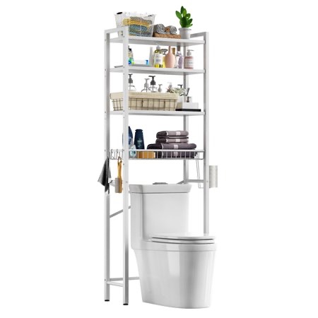 Biemlerfn Over The Toilet Storage Shelf, 4-Tier Wooden Bathroom Organizer Adjustable Saver Space Rack with Toilet Paper Holder, Pure White