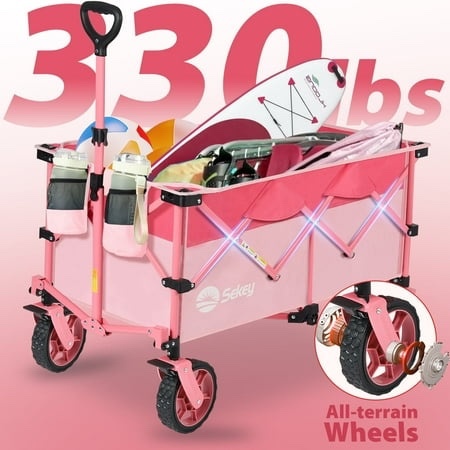 Sunula 440LBS Collapsible Wagon Foldable Beach Wagon 300L Large Capacity Folding Heavy Duty Utility 600D Oxford Fabric Garden Cart with All-Terrain Wheel Cup Holder for Shop Camp Handle Outdoor, Pink