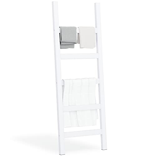 Ballucci Blanket Ladder, 5 Tier Wood Leaning Towel Rack and Quilt Display Shelf, White