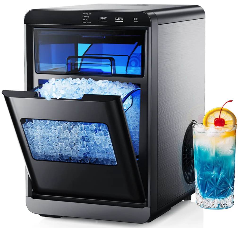 Simzlife Nugget Ice Maker Countertop, 44.9lbs per Day Chewable Pebble Nugget Ice Machine with Touch Screen for Home, Kitchen, Office, Stainless Steel, Black