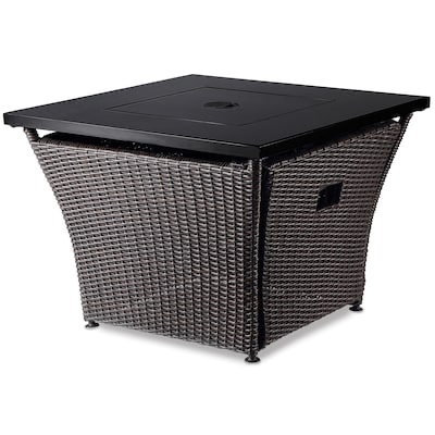 Blue Rhino 32-in W Features black glass mantle with handcrafted dark brown resin wicker base Steel Square Liquid propane Fire pit table 