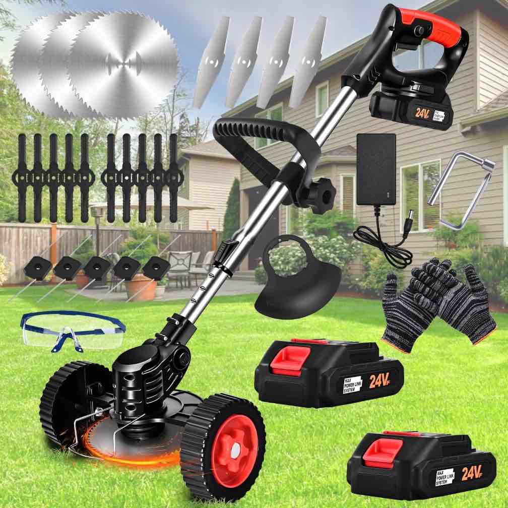 Ktinnead Electric Weed Wacker Cordless,Weed Eater Battery Powered,Cordless String Trimmer with Fast Charger & Wheel,Grass Cutter Machine with 4 Replacement Spools, Edger Lawn Tool, Black