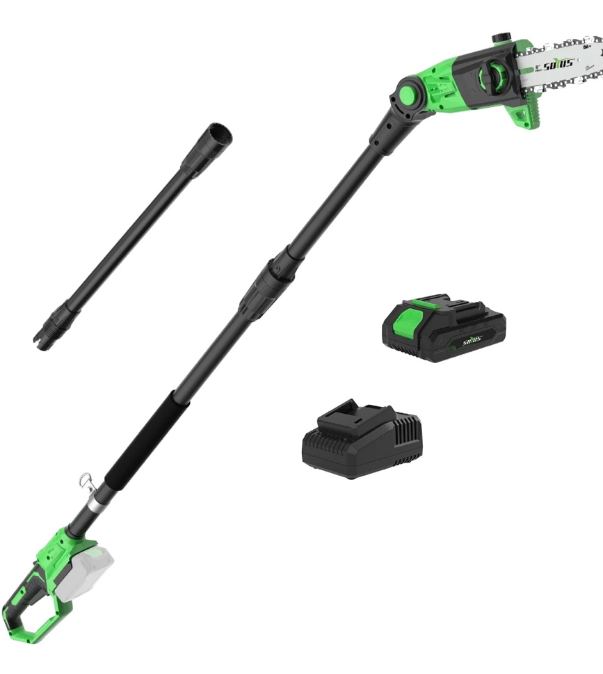 SOYUS Pole Saw 8-Inch Cordless, 15-Foot Max Reach Electric Pole Saw for Tree Trimming, 16ft/s Speed, Auto Oiling, Multi-Angle Pole Chainsaw with 2.0Ah Battery & Charger