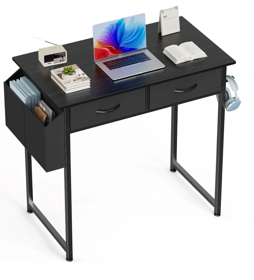 edx Small Desk with Fabric Drawers & Storage Bag Iron Hook, Home Office Computer Desk, Writing Desk Small Space Desk Study Table for Home, Bedroom, 32 Inch, Black