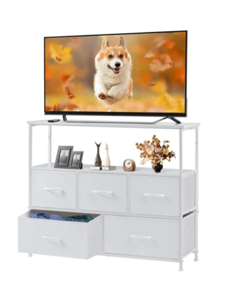 Bigleap TV Stand for Bedroom, TV Dresser for 45 inches, Media Console Table, Entertainment Center with 5 Fabric Drawers Cabinet and Open Storage Shelf Furniture Cabinet for Living Room, White