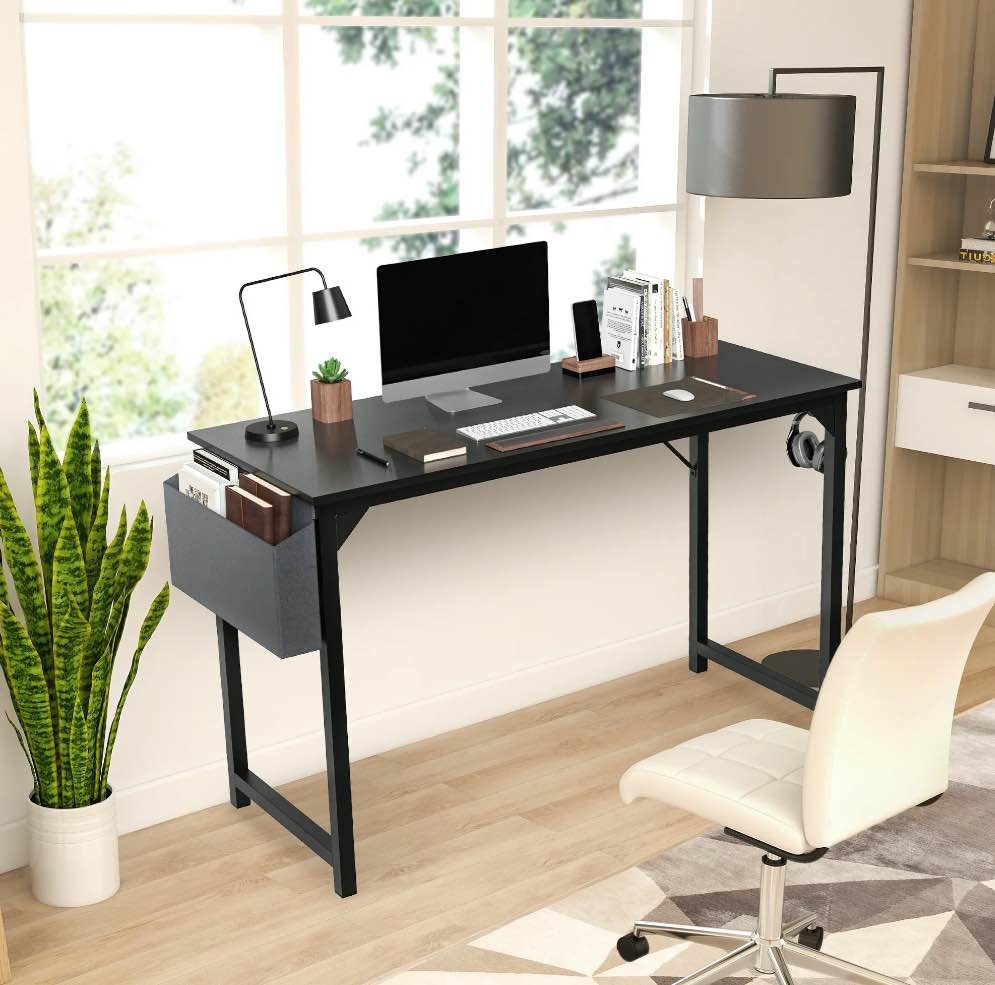 Small Computer Desk 31 Inch Writing Desk with Storage Bag Iron Hook Metal Frame for Home, Black