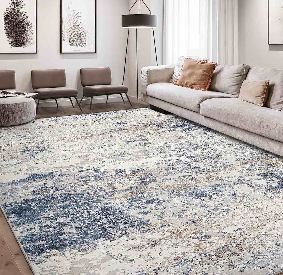 Area Rug Living Room Rugs - 10x14 Large Soft Indoor Neutral Modern Abstract Low Pile Washable Rug Carpet for Bedroom Dining Room Farmhouse Home Office - Beige Blue