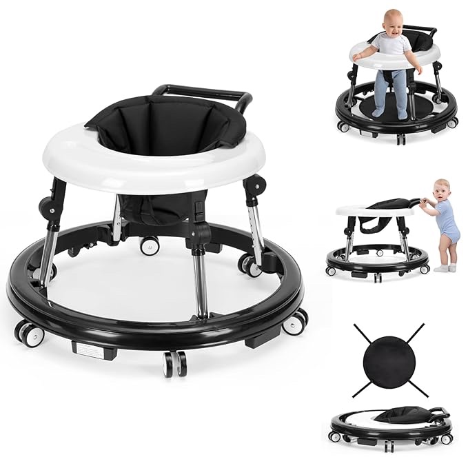 Baby Walker, Foldable 5-Gear Height Adjustable Baby Walker with Wheels, Infant Toddler Walker with Foot Pads, Anti-Fall Baby Walkers and Activity Center Bouncer Combo for Boys and Girls 6-27 Months