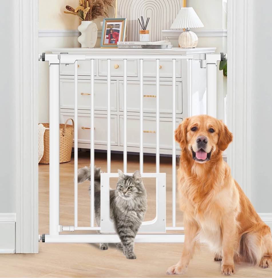 extra wide dog gate,29.5"-40.6" with pet door, metal dog gate for stairs & doorways,pressure mount gate for ages 6 to 36 months