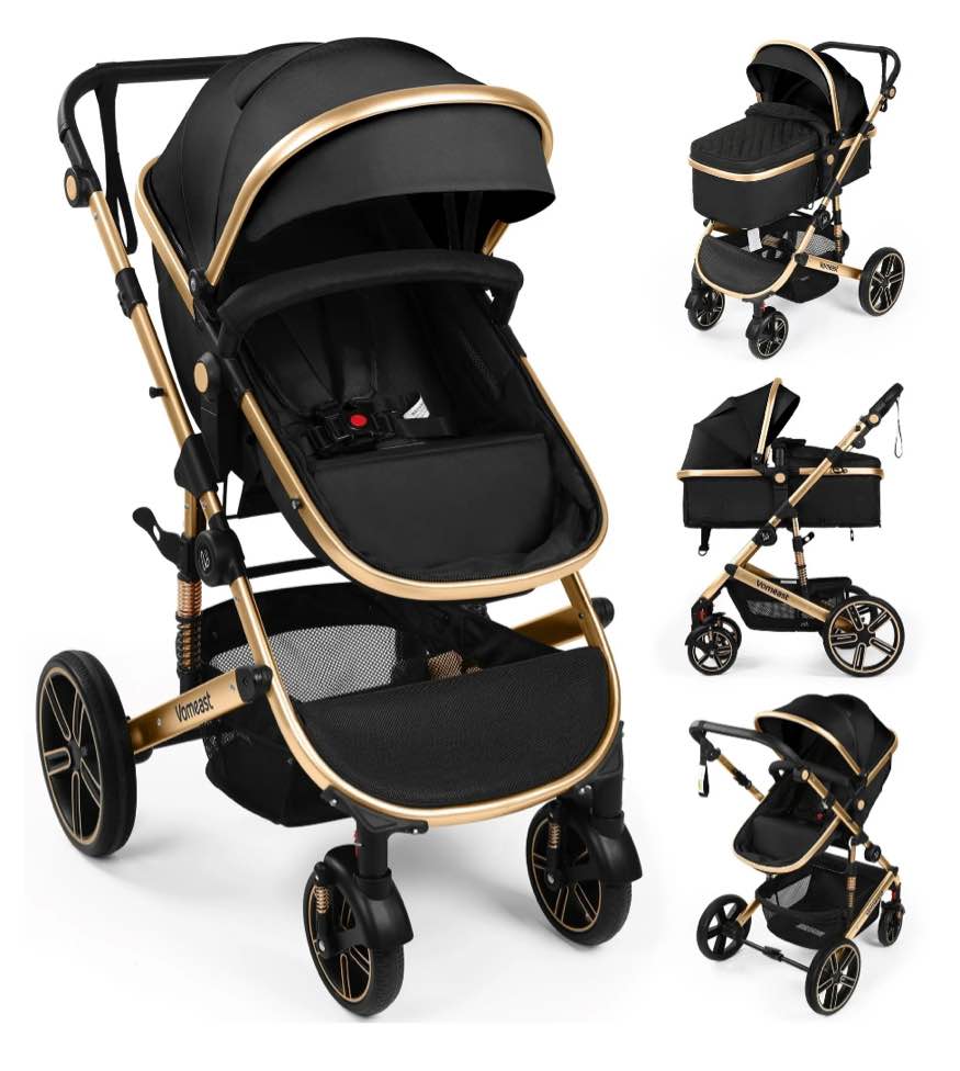 Vomeast Baby Stroller, Foldable Aluminum Alloy Stroller with Reversible, Travel Stroller for Newborn Infant, Black