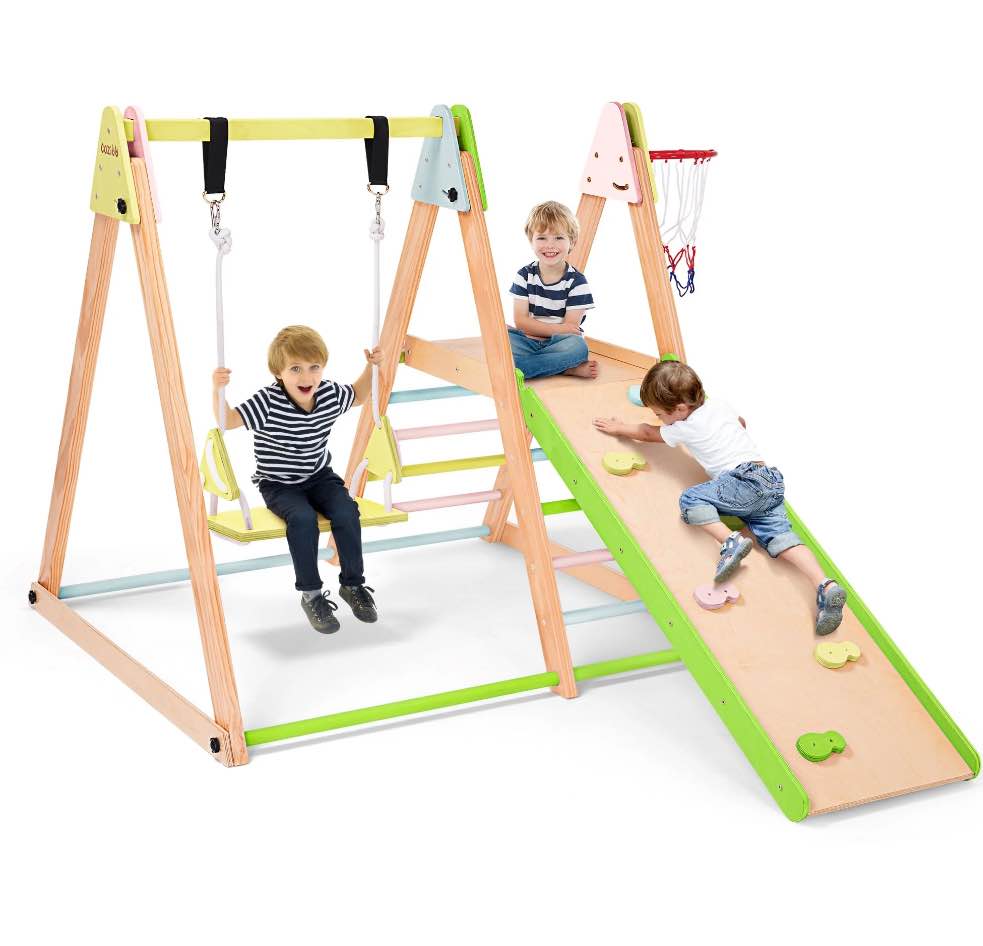 Indoor Baby Climbing Toys, Playground Jungle Gym Montessori Waldorf Style Wooden Toddlers Climber Playset for Children Kids