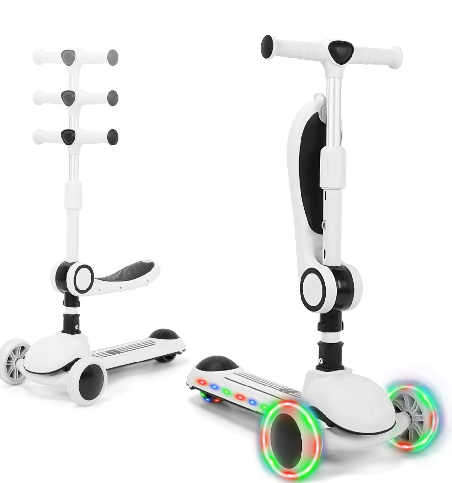 skyhot kids scooter with led lighted wheels, 3 adjustable height handlebars and foldable seat - sit or stand ride, lean-to-steer & widen anti-slip deck, scooters for kids 3-12, black