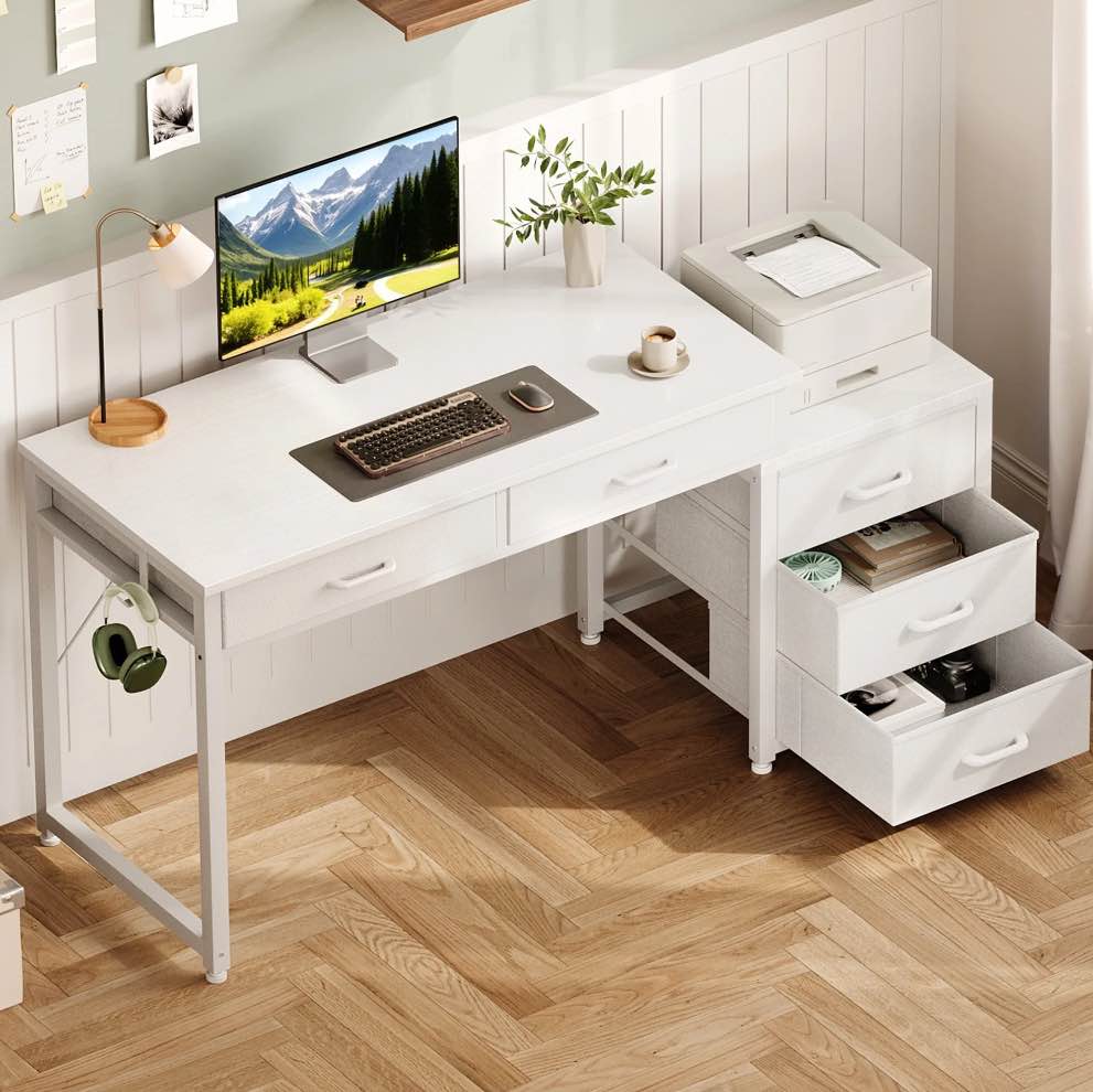 sofanext computer desk with 5 drawers, reversible sturdy office desk with printer stands, study writing table, home office desks with storage for small spaces, white
