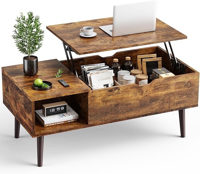edx Adjustable Height Wooden Coffee Table with Hidden Compartments and Shelves - Perfect for Small Homes, Apartments, Reception Rooms, Rust Brown