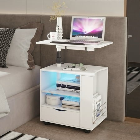 LVSOMT LED Nightstand with Charging Station Bedroom Bedside Table with 2 Drawers Wooden End Side Table with 360° Laptop Tray White