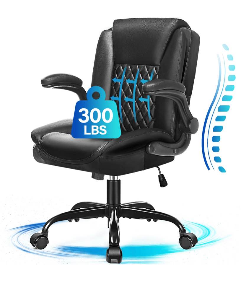 JONPONY Big and Tall Office Chair 300LBS Wide Seat Ergonomic Computer Desk Chair High Back Executive Leather Chair Adjustable Task Chair Lumbar Back Support 8 Hours Heavy Duty Design,Black