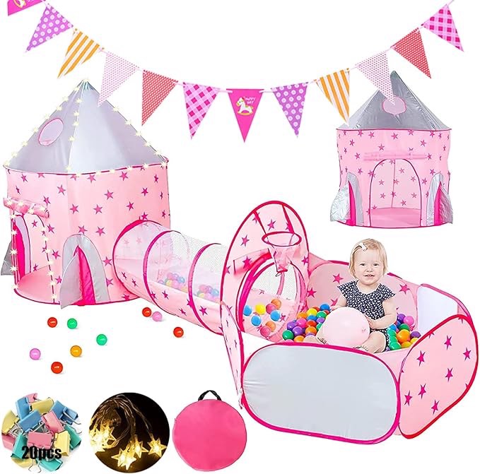  Kids Play Tent, Crawl Tunnel, Ball Pit?Basketball Hoop and Star Lights Pop Up Portable Glow in The Dark Stars ? Children Castle Playhouse for Girls & Boys, Indoor and Outdoor (Pink)