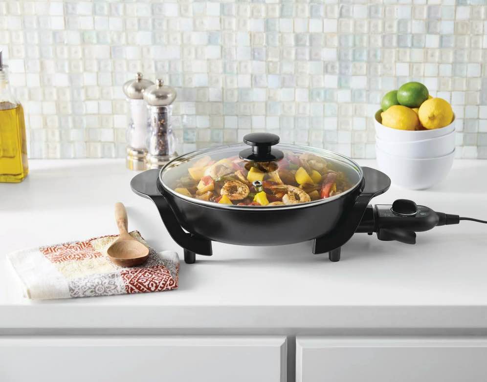 mainstays 12" round ceramic skillet, black,nonstick, 1200w, removable temp control, dishwasher safe