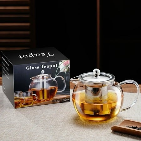 Baalaka Borosilicate Glass Teapot - 34oz(1000ml) Stovetop with 18/8 Steel Inf for Loose/Blooming Tea