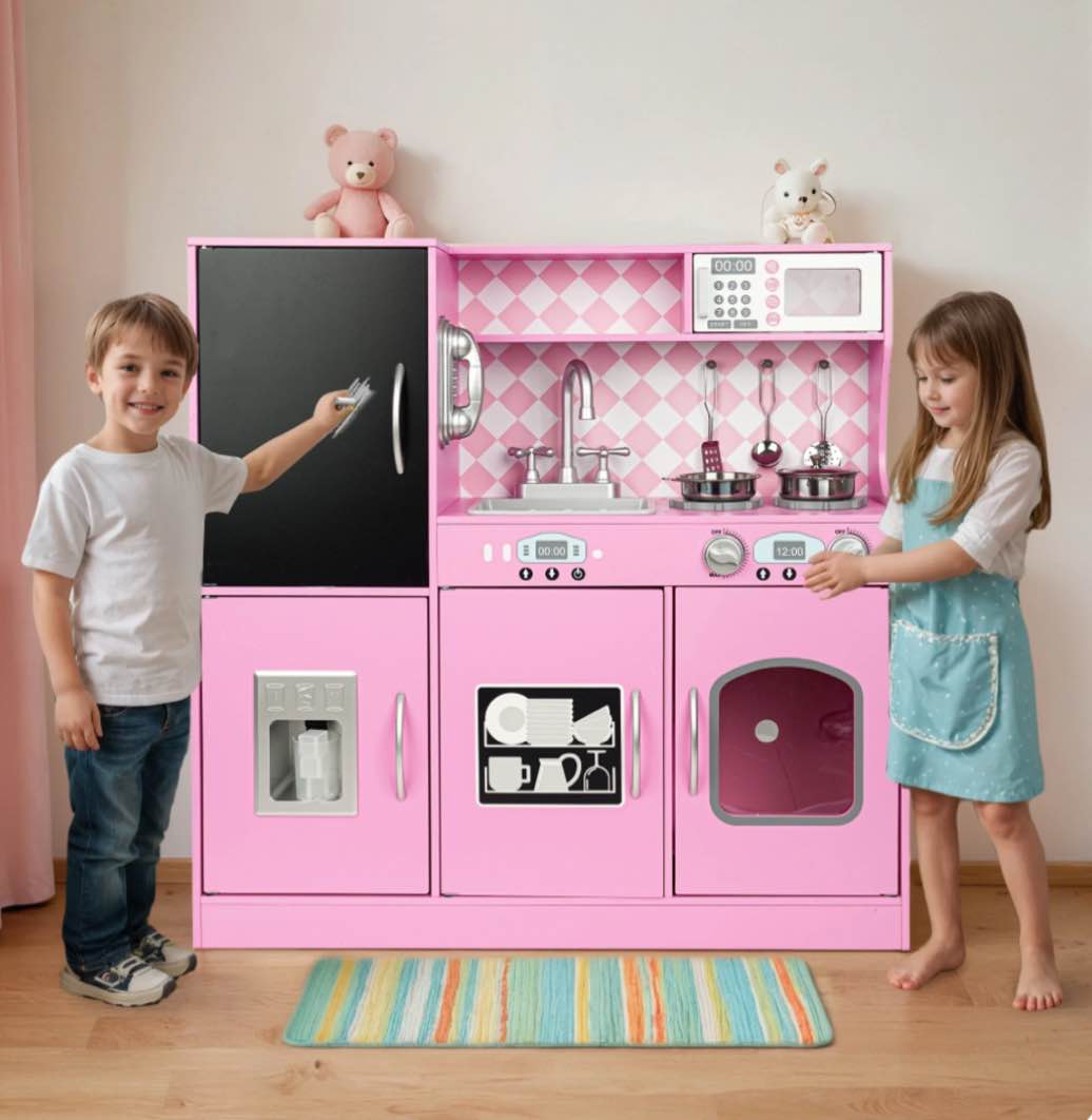 coclub play kitchen, wooden kids kitchen playset with chalkboard, ice maker, play phone, cookware accessories, microwave toy kitchen gift for boys girls age 3-8 pink