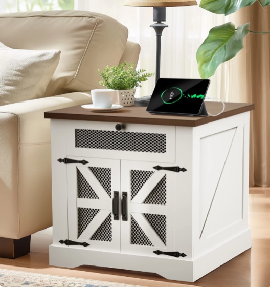 farmhouse nightstand with charging station, bedside table with drawer & adjustable shelf,wood end table (white)