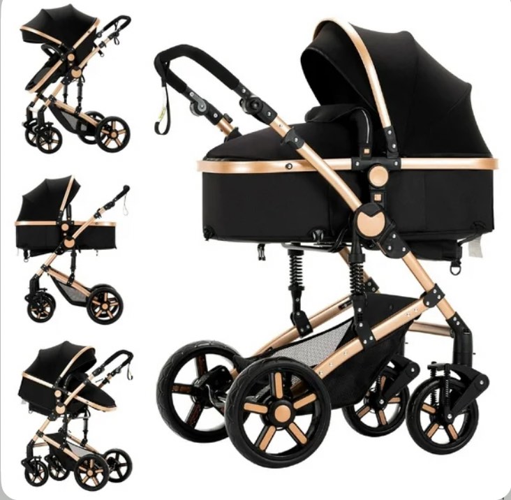 Baby Stroller High Landscape Pram & Lightweight Pushchair with Reversible Bassinet for Newborns and Toddlers,Unisex(Black Gold)