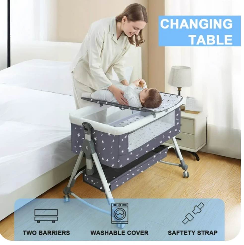 HAOUUCYIN Baby Bassinet, 5-in-1 Infant Bedside Crib with Diaper Table, Adjustable Height, for 0-24 Months, Black