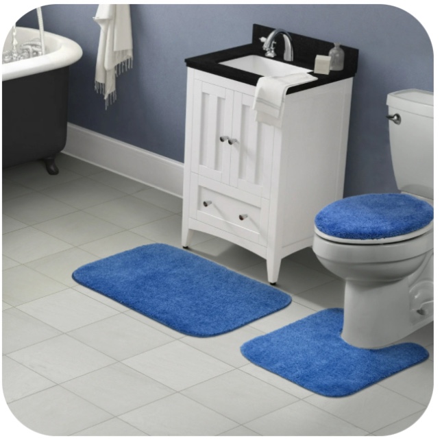 Garland Rug Traditional Washable Bath Rug Set, 3 Piece Set (21"x34" Bath Rug, Contour Rug, & Toilet Lid) Electric Blue