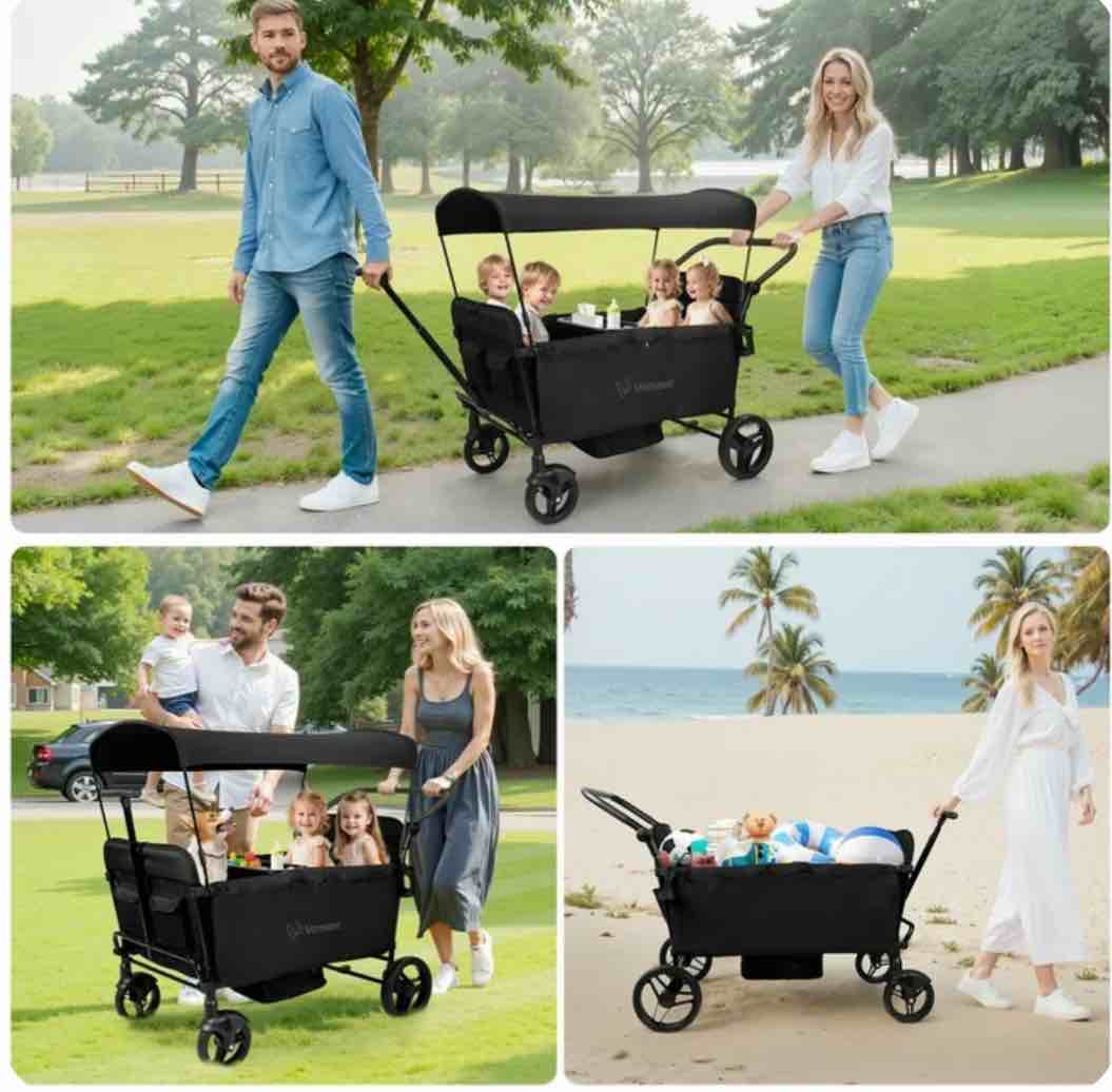 Vomeast Wagon Stroller for Kids, Spacious 4-Seater Stroller Wagon with Adjustable Canopy, Pull & Push Handle, 5-Point Harness, Foldable for Toddlers, Black