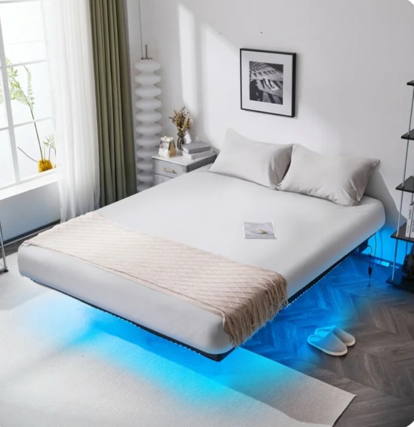 Zimtown Queen 14" Floating Bed Frame with USB Charging and LED Lights, Metal Platform Bed, Black